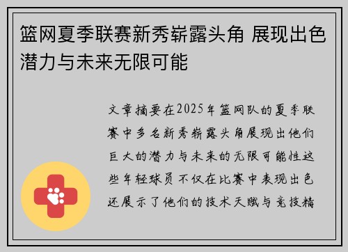 篮网夏季联赛新秀崭露头角 展现出色潜力与未来无限可能