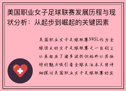 美国职业女子足球联赛发展历程与现状分析：从起步到崛起的关键因素