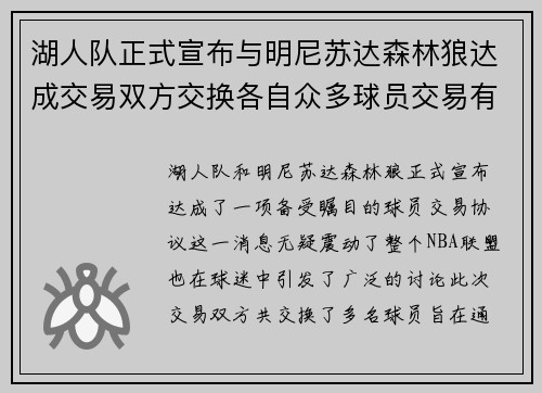 湖人队正式宣布与明尼苏达森林狼达成交易双方交换各自众多球员交易有望改善球队阵容